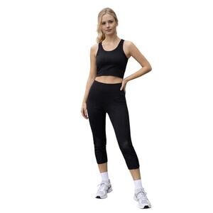 Fabletics Black High-Waist Capri Leggings, Lace Side Panel Detail, Size Medium